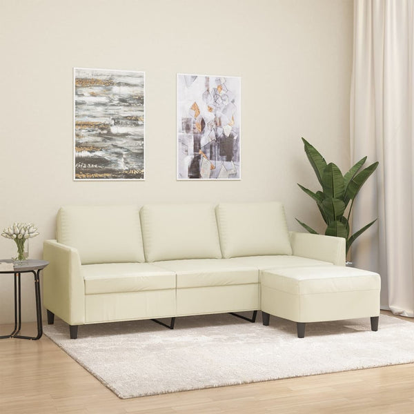 3-Sitzer-Sofa mit Hocker Creme 180 cm Kunstleder