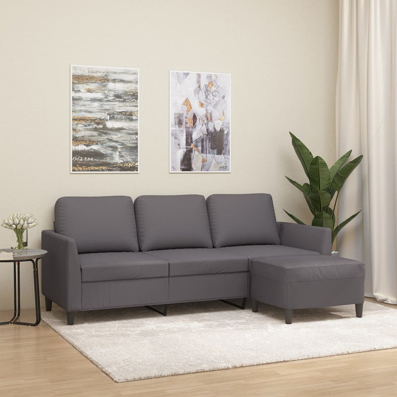 3-Sitzer-Sofa mit Hocker Grau 180 cm Kunstleder