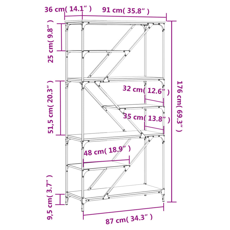 Bücherregal Räuchereiche 91x36x176 cm Holzwerkstoff und Stahl