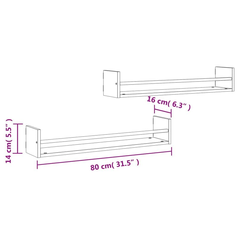 Wandregale mit Stangen 2 Stk. Sonoma-Eiche 80x16x14 cm