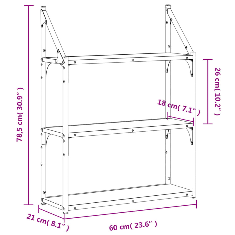 Wandregal 3 Fächer Grau Sonoma 60x21x78,5 cm Holzwerkstoff