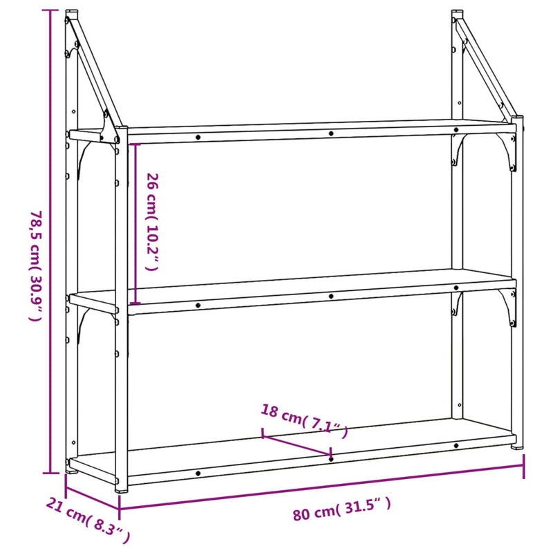 Wandregal 3 Fächer Schwarz 80x21x78,5 cm Holzwerkstoff