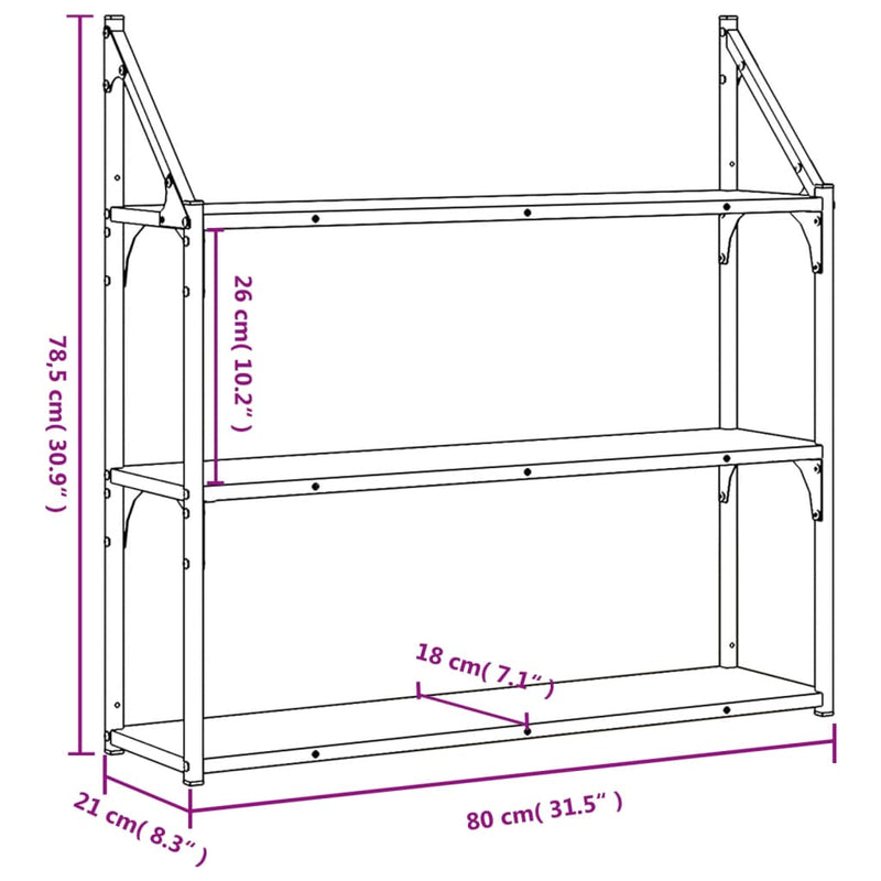 Wandregal 3 Fächer Braun Eiche-Optik 80x21x78,5cm Holzwerkstoff