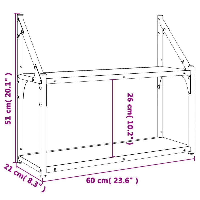 Wandregal 2 Fächer Räuchereiche 60x21x51 cm Holzwerkstoff