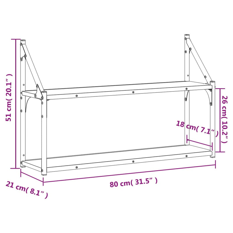 Wandregal 2 Fächer Räuchereiche 80x21x51 cm Holzwerkstoff