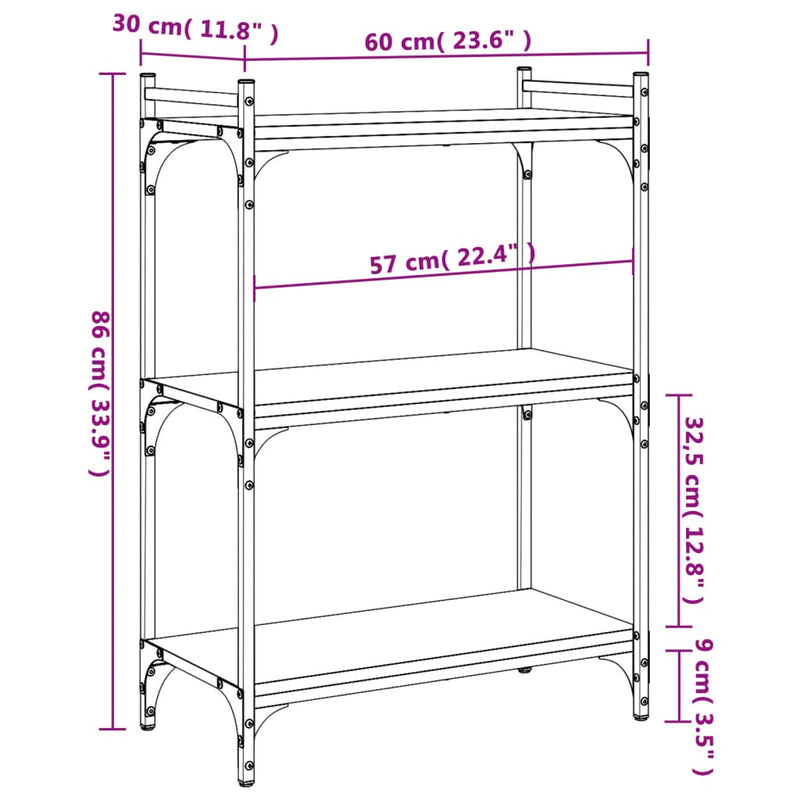 Bücherregal 3 Böden Grau Sonoma 60x30x86 cm Holzwerkstoff