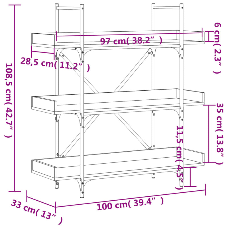 Bücherregal 3 Böden Schwarz 100x33x108,5 cm Holzwerkstoff