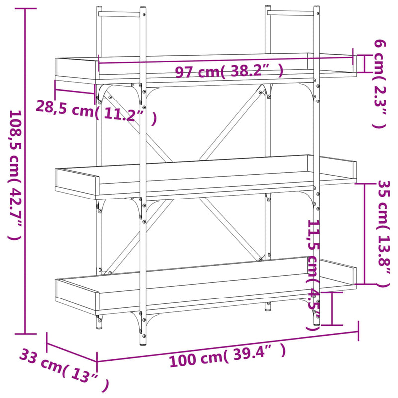 Bücherregal 3 Böden Grau Sonoma 100x33x108,5 cm Holzwerkstoff