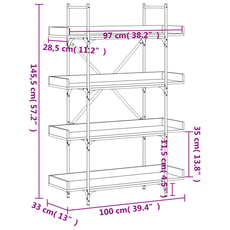 Bücherregal 4 Böden Braun Eiche-Optik 100x33x145,5 cm