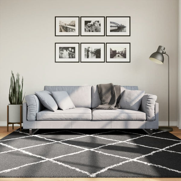 Teppich Shaggy Hochflor Modern Schwarz und Creme 200x200 cm