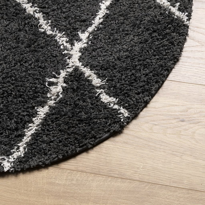 Teppich Shaggy Hochflor Modern Schwarz und Creme Ø 80 cm