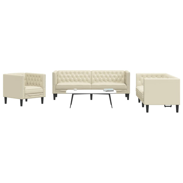 3-tlg. Chesterfield-Sofa-Set Creme Kunstleder