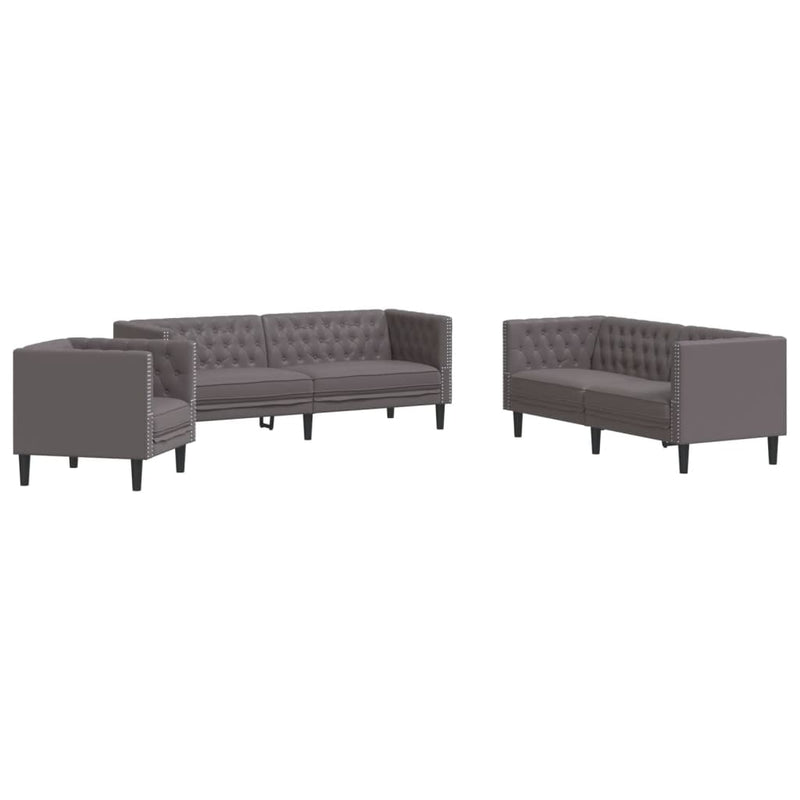 3-tlg. Chesterfield-Sofa-Set Grau Kunstleder