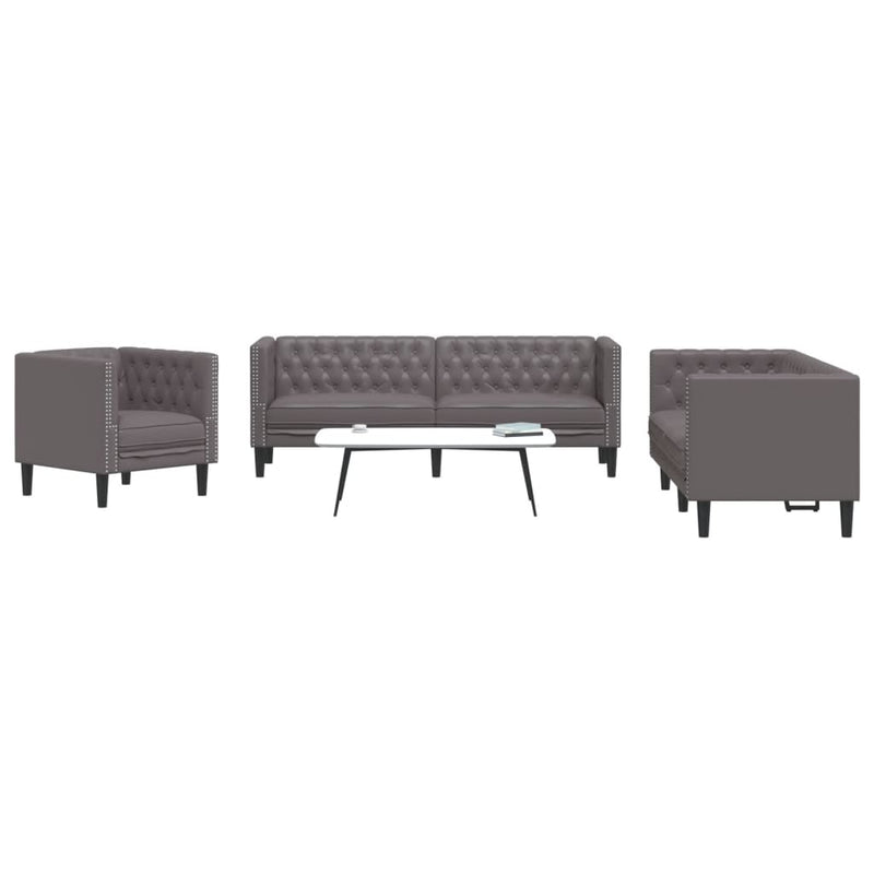 3-tlg. Chesterfield-Sofa-Set Grau Kunstleder