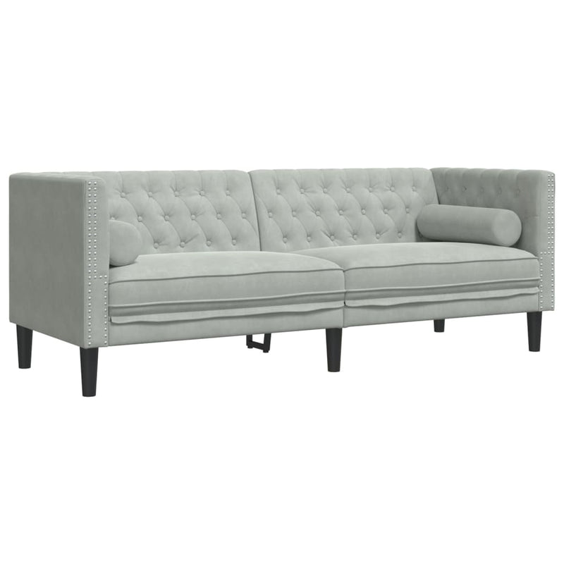 3-tlg. Chesterfield-Sofa-Set mit Nackenrollen Hellgrau Samt