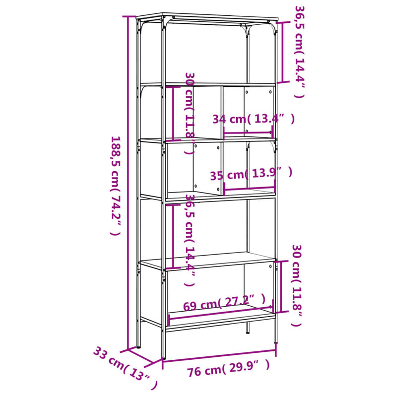 Bücherregal 5 Böden Schwarz 76x33x188,5 cm Holzwerkstoff