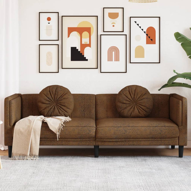 3-Sitzer Sofa mit Kissen Braun Kunstleder Wildleder-Optik