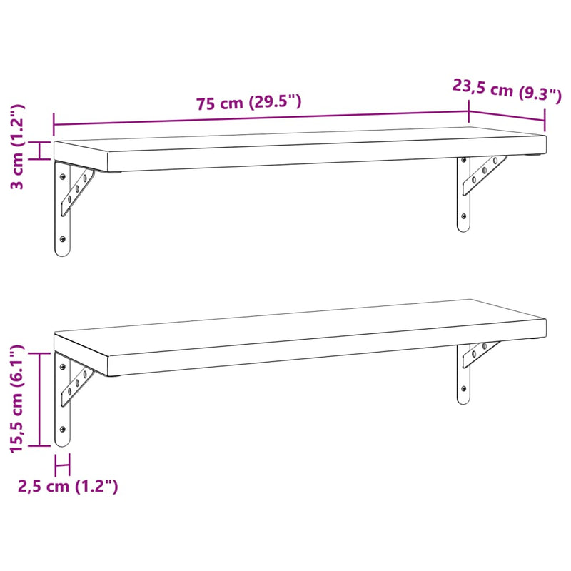 Wandregale 2 Stk. 75x23,5 cm Silbern Edelstahl