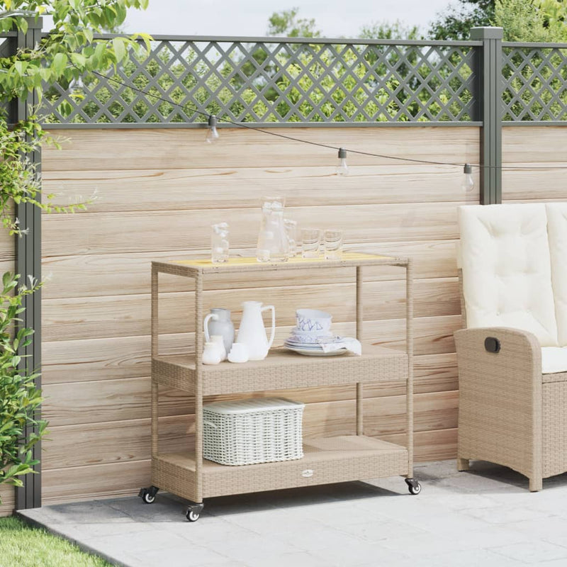 Barwagen 3 Böden Beige Poly Rattan und Massivholz Akazie