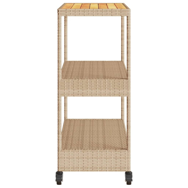 Barwagen 3 Böden Beige Poly Rattan und Massivholz Akazie