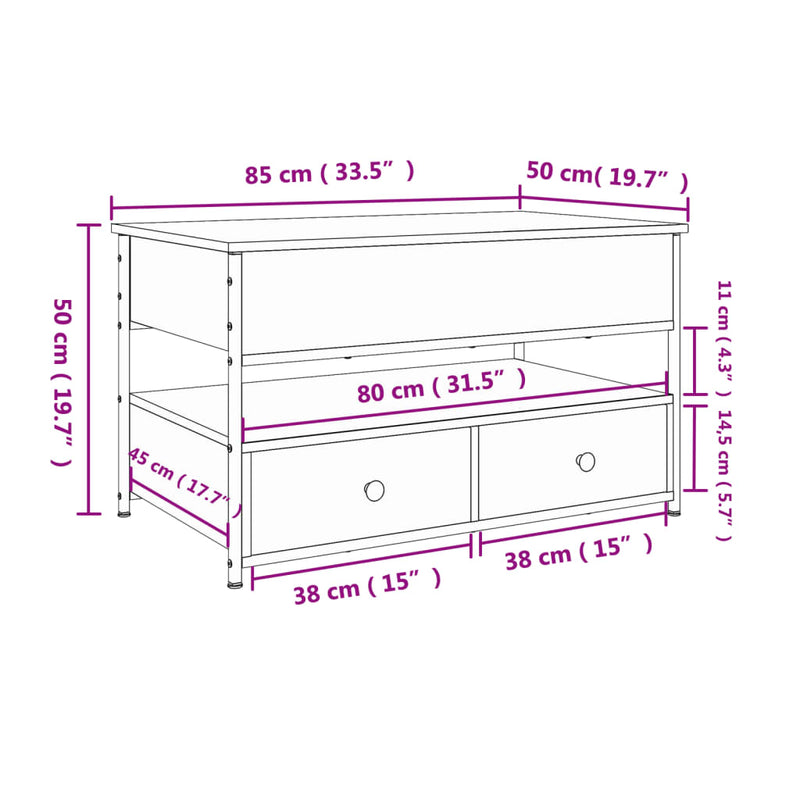 Couchtisch Braun Eichen-Optik 85x50x50 cm Holzwerkstoff Metall