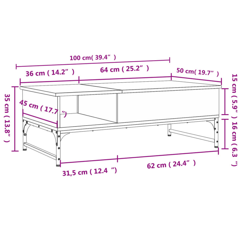 Couchtisch Braun Eichen-Optik 100x50x35 cm Holzwerkstoff Metall