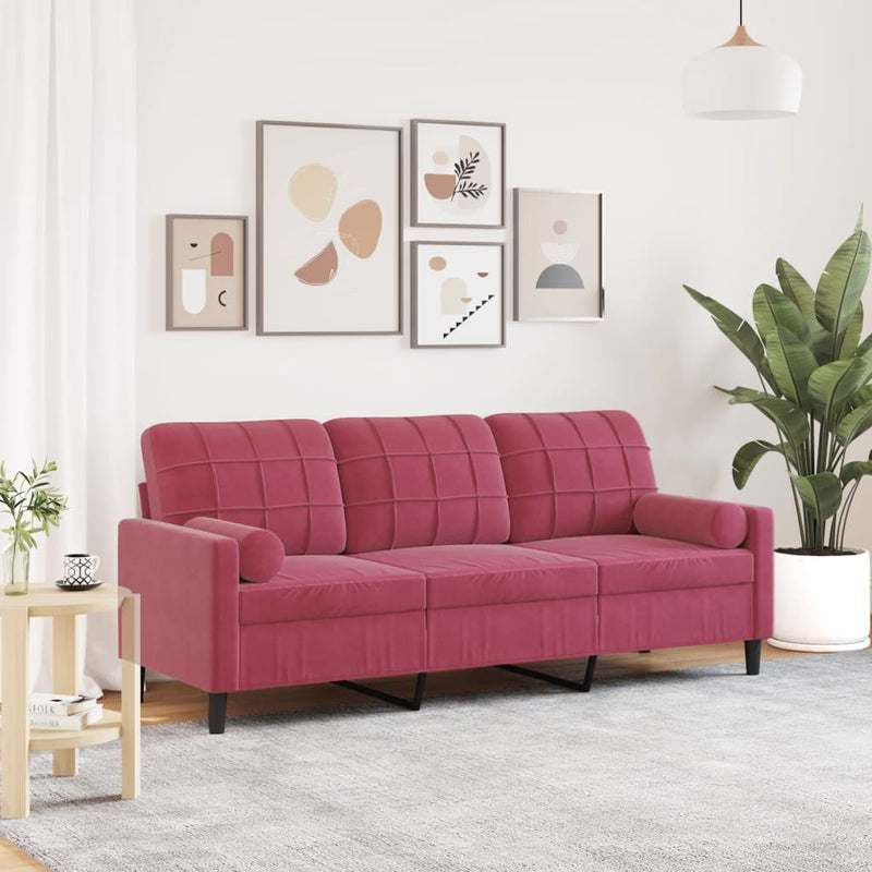 3-Sitzer-Sofa mit Zierkissen Weinrot 180 cm Samt