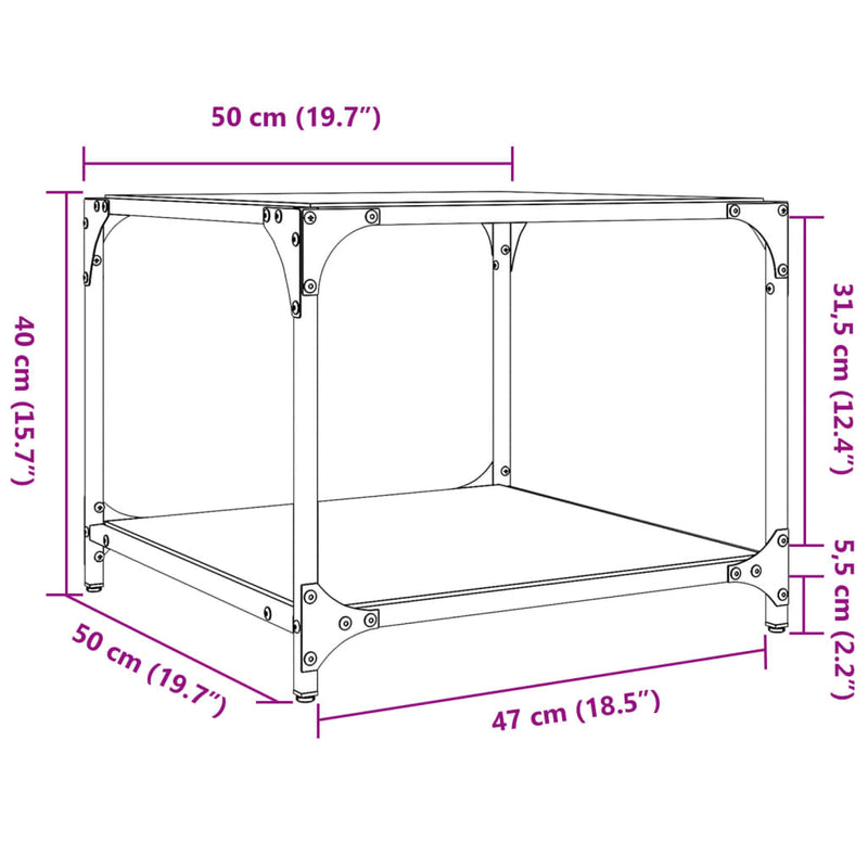 Couchtisch mit Glasplatte Transparent 50x50x40 cm Stahl