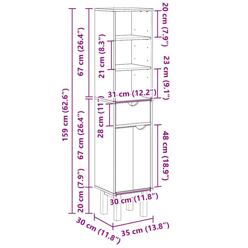 Badschrank OTTA 35x30x159 cm Massivholz Kiefer