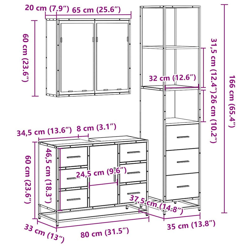 3-tlg. Badmöbel-Set Grau Sonoma Holzwerkstoff