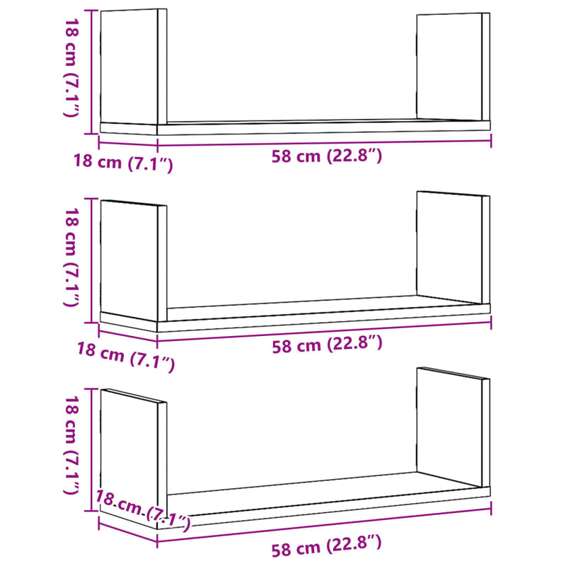 Wandregale 3 Stk. Schwarz 58x18x18 cm Holzwerkstoff