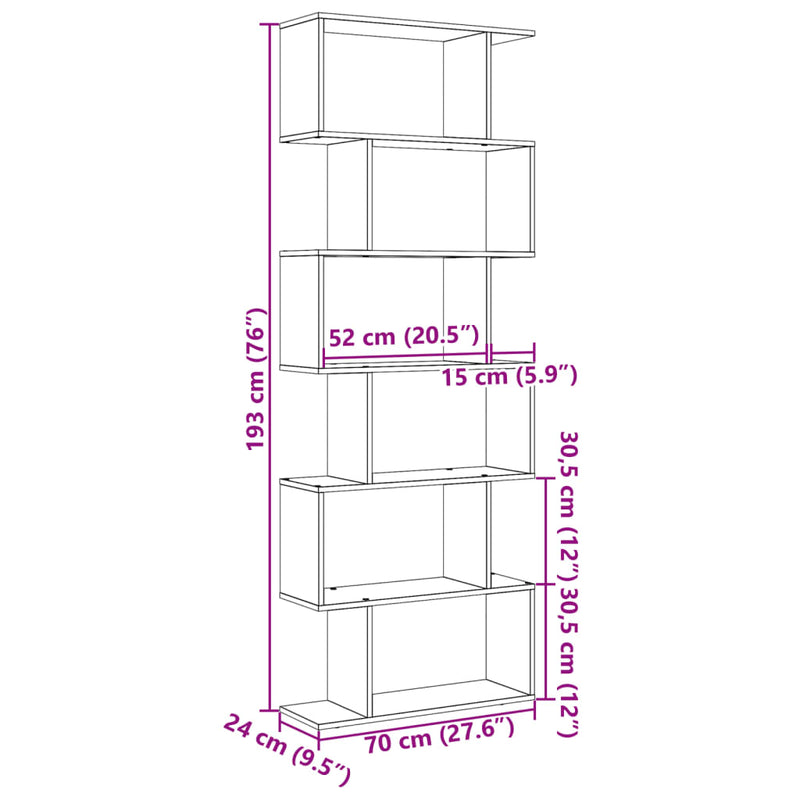 Raumteiler-Bücherregal 6 Etagen Grau Sonoma 70x24x193 cm